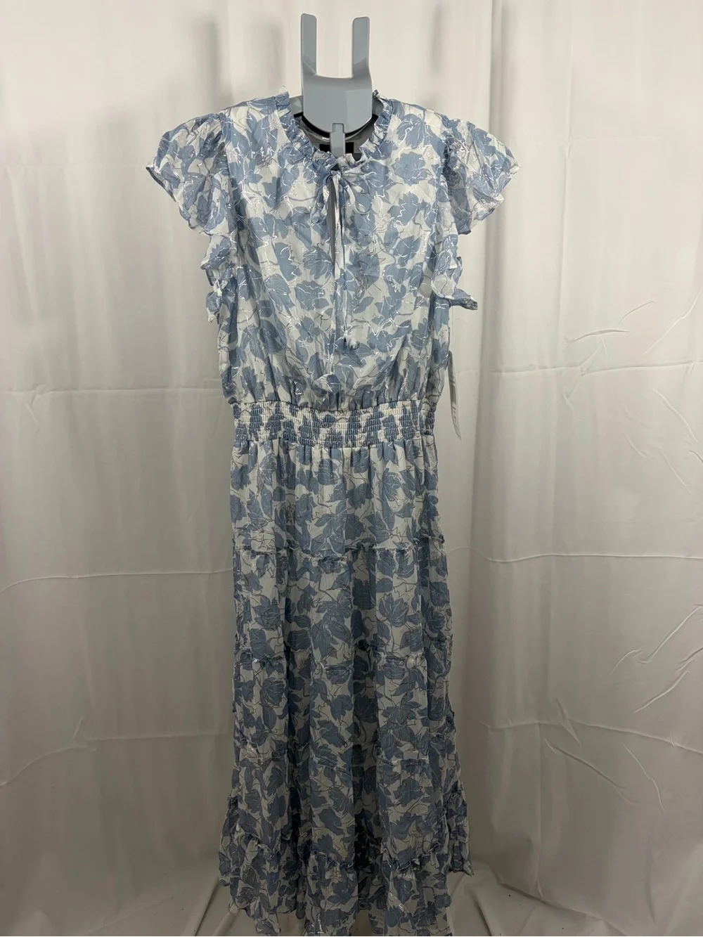 NWT MSK Petite Women’s Size Petite Large Blue Floral Tie-Neck Ruffle Maxi Dress